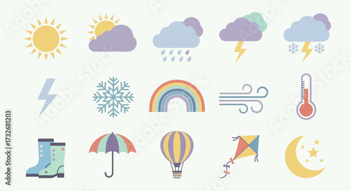 A diverse collection of colorful flat weather forecast icons.