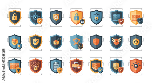 A diverse collection of modern security shield vector icons.