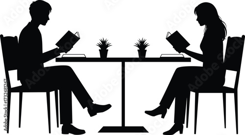 Study scene silhouette icon, two people reading books, table with plants, intellectual activity, black contour, white background, minimal style