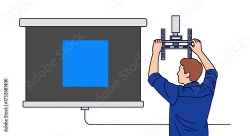 Illustration of a man installing a ceiling mounted video projector.