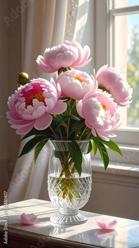 Wallpaper Mural Delicate pink peonies in a glass vase by a window Torontodigital.ca