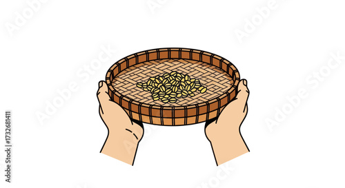 Hands holding a traditional woven bamboo basket with grains.