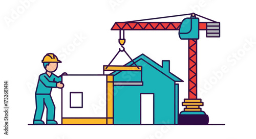 Construction worker building a modular home with a crane.