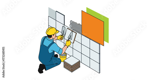 Professional Tiler Installing Ceramic Tiles on a Wall Illustration.