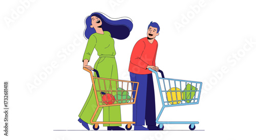 Happy young couple with shopping carts full of groceries.