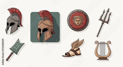 Ancient Greek Mythology Symbols and Weaponry Vector Set.