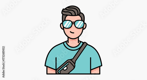 Cartoon illustration of a cool young man with sunglasses and a sling bag.