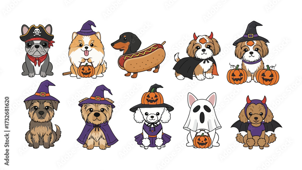 Obraz premium Halloween Pup Parade: An adorable gathering of costumed dogs, each sporting unique and festive Halloween attire. Capturing the playful spirit of the spooky season.