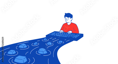 Illustration of a man typing on a keyboard flowing like a data stream.