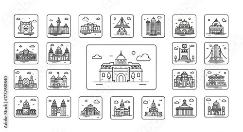 Architectural sketches of various buildings and landmarks in a grid.