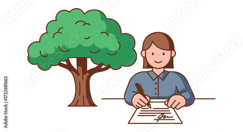 Woman signing a document for environmental conservation next to a tree.