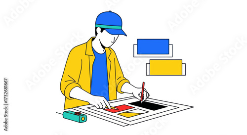 Young graphic designer in a cap working on a creative project.