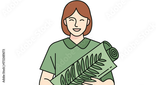 Happy woman with short hair holding a green yoga mat.