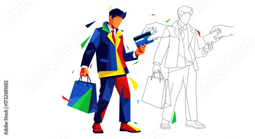 Colorful Abstract Businessman Shopping with Credit Card Illustration.