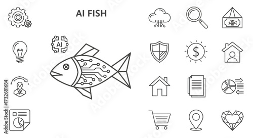 Artificial intelligence fish concept, technology and nature fusion.