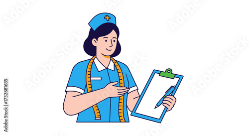 Female nutritionist in uniform holding a clipboard and pen.