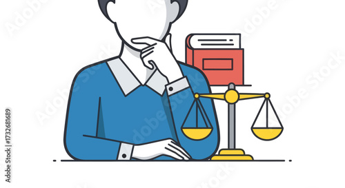 Illustration of a person contemplating legal matters and justice.