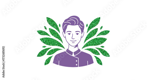 Portrait of a young man with green glitter leaf wings.