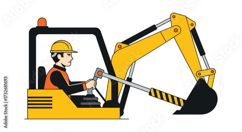 Construction worker operating a yellow mini excavator machine.