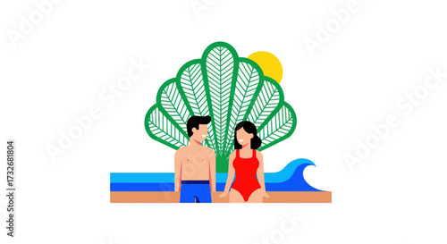 Young couple in swimwear enjoying a summer vacation.