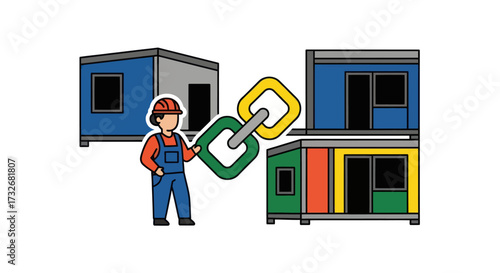Builder character connecting modular prefabricated site cabins.