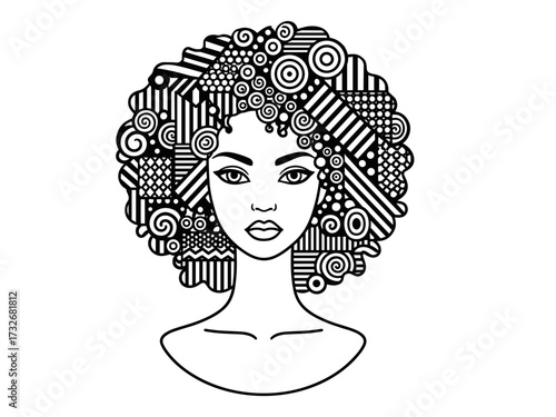 Young woman with intricate geometric hairstyle design in line art style. Clipart image.