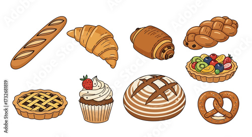 Assortment of Delicious Bakery Treats - Baguette, Croissant, Pain au Chocolat, and More.