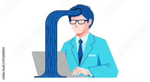 Businessman absorbing a stream of digital data from a laptop computer.