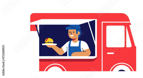 Friendly vendor serving a delicious meal from a red food truck.