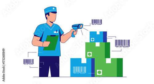 Warehouse worker scanning barcodes on stacked cardboard boxes.