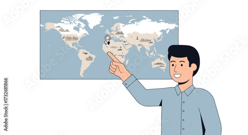 Smiling Young Man Pointing at a World Map Illustration.