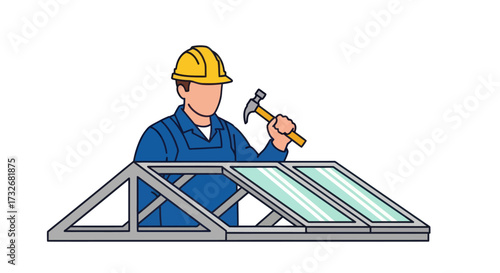 Construction worker with hammer building a metal roof truss.