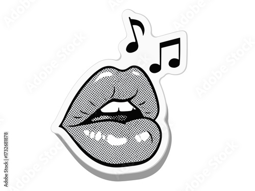 Black and white halftone illustration of lips whistling with musical notes. Clipart image.