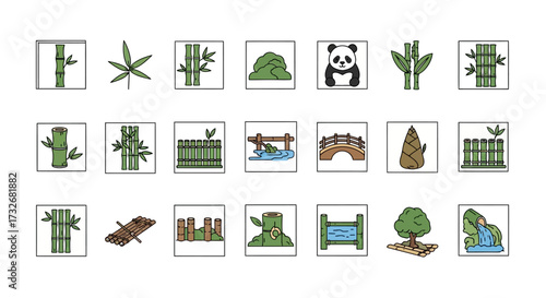 Bamboo plants icons set collection design.