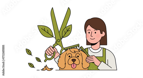 Professional woman grooming a cute dog with natural leaf scissors.