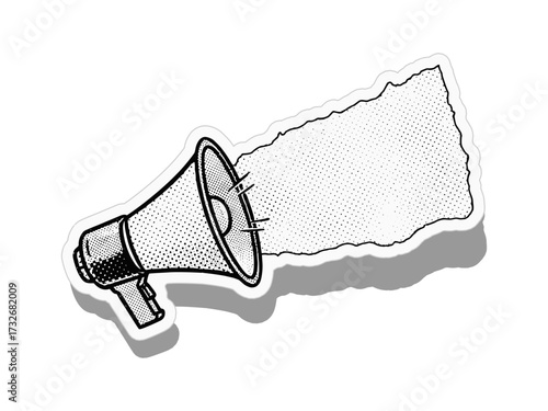 Black and white sticker-style illustration of megaphone with speech bubble. Clipart image.