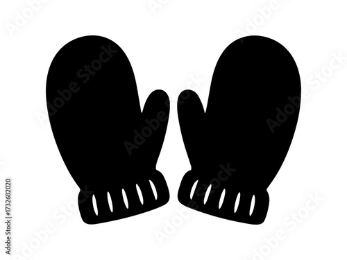 Black silhouette of winter mittens on white background. Clipart image isolated on background.