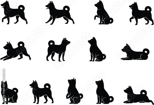 Black silhouette dog poses set featuring Shiba Inu breed in various actions like walking, sitting, lying down, stretching, and standing.