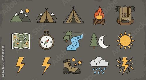 Camping adventure icons set for travel planning.