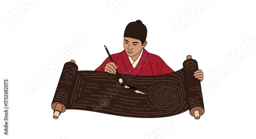 Ancient Asian scholar writing calligraphy on a traditional scroll with a brush.