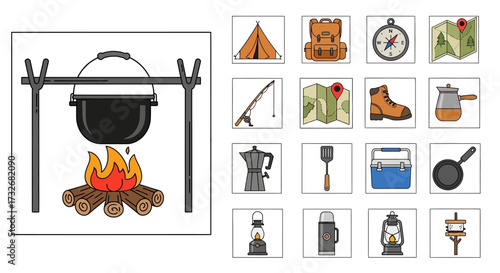 Campfire Cooking Pot Over Open Fire.