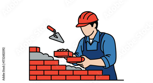 Illustration of a construction worker building a brick wall.