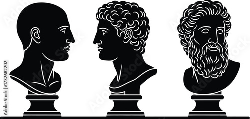 Classical bust, ancient Greek, Roman sculptures vector illustration silhouettes.