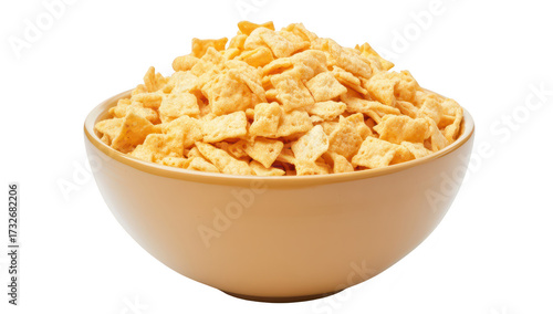 A large bowl filled with crispy. golden-brown snack chips. placed on a clean white surface. highlighting the texture and shape of the chips. ideal for food photography or culinary use
