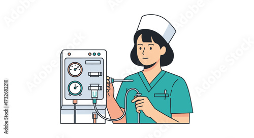 Female nurse in green scrubs operating medical equipment.