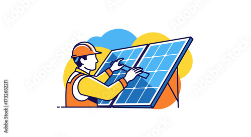 Technician worker installing solar panels for renewable energy.