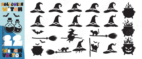 Collection of halloween icons including witch hats cauldrons bats a witch on a broomstick and a spooky jack o lantern face