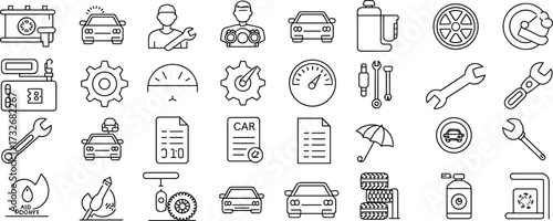 Car repair icons, automotive service tools, mechanic symbols, vehicle maintenance, black white line set, gear wrench, checklist, tire, oil