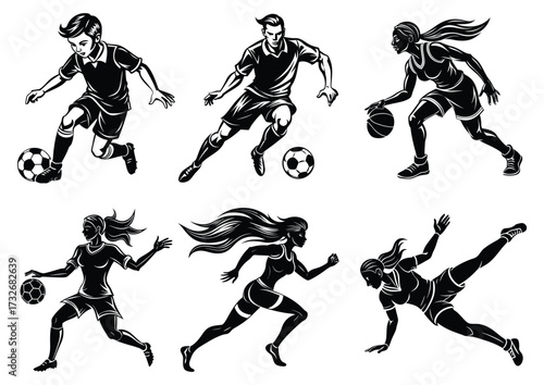 Dynamic Basketball and Soccer Player Silhouette Vector Set – Male and Female Athletes in Action
