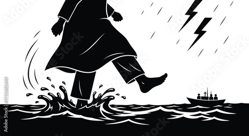 Jesus feet walking on water miracle during a storm and tempest vector illustration 